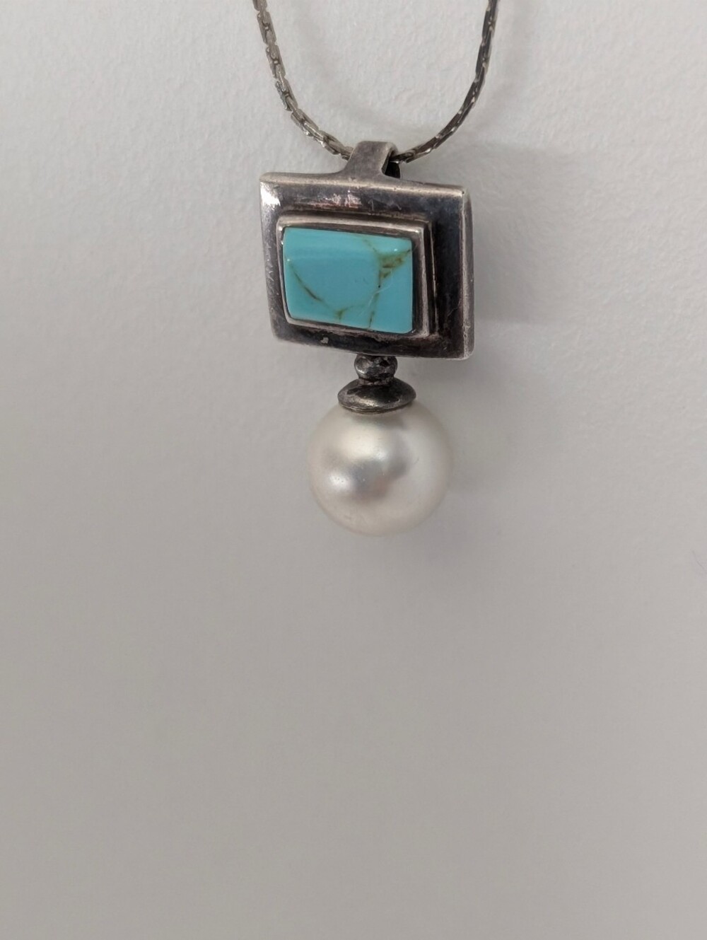 Turquoise & Pearl Sterling Pendant Necklace 925 - Picture 3 of 7